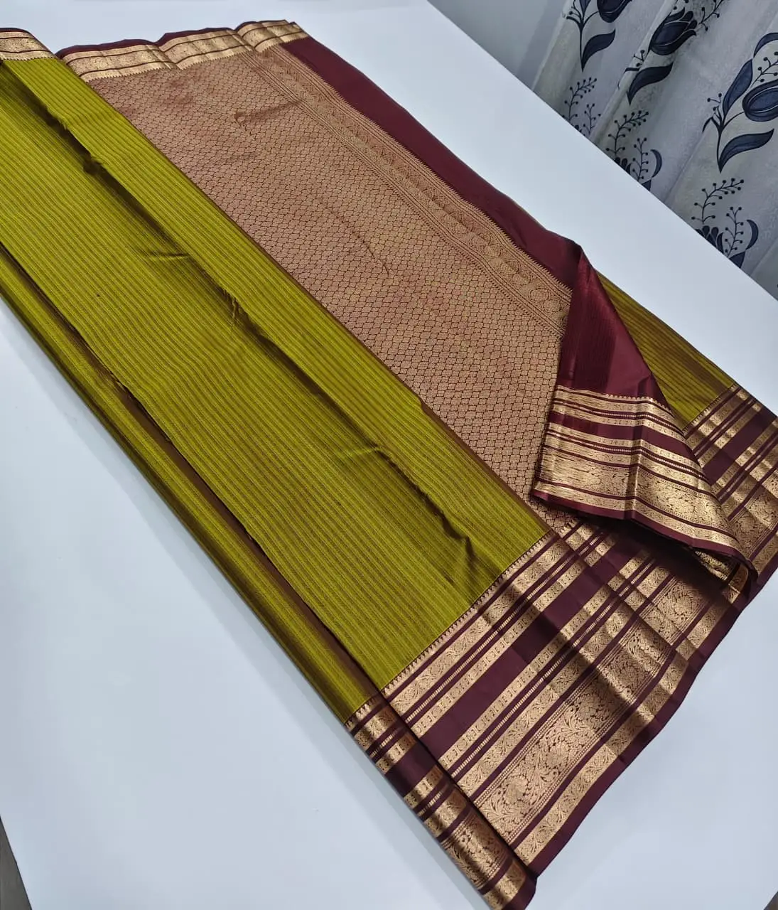 Burnt Orange Striped Body Designed Kanchipuram Silk Saree